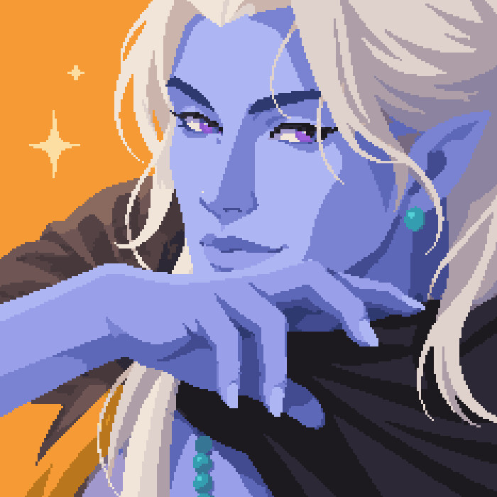 Blue elf against an orange background