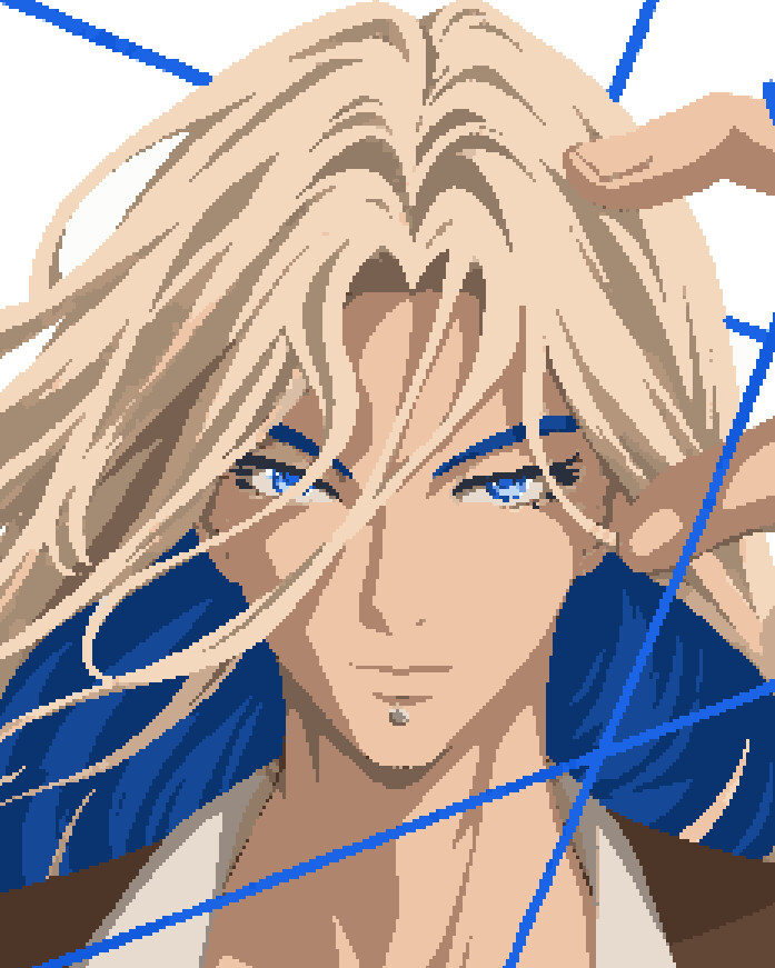 Golden-haired character in a blue cloak