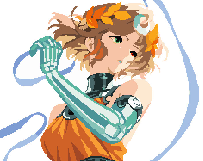 Character with a turquoise mechanical arm