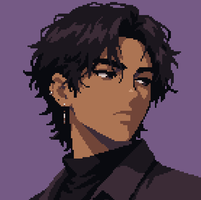 Dark-haired character against a violet background